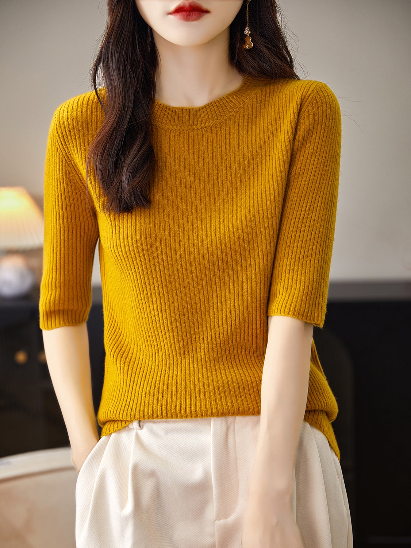 100% Merino Wool Crewneck Short Sleeve Sweater