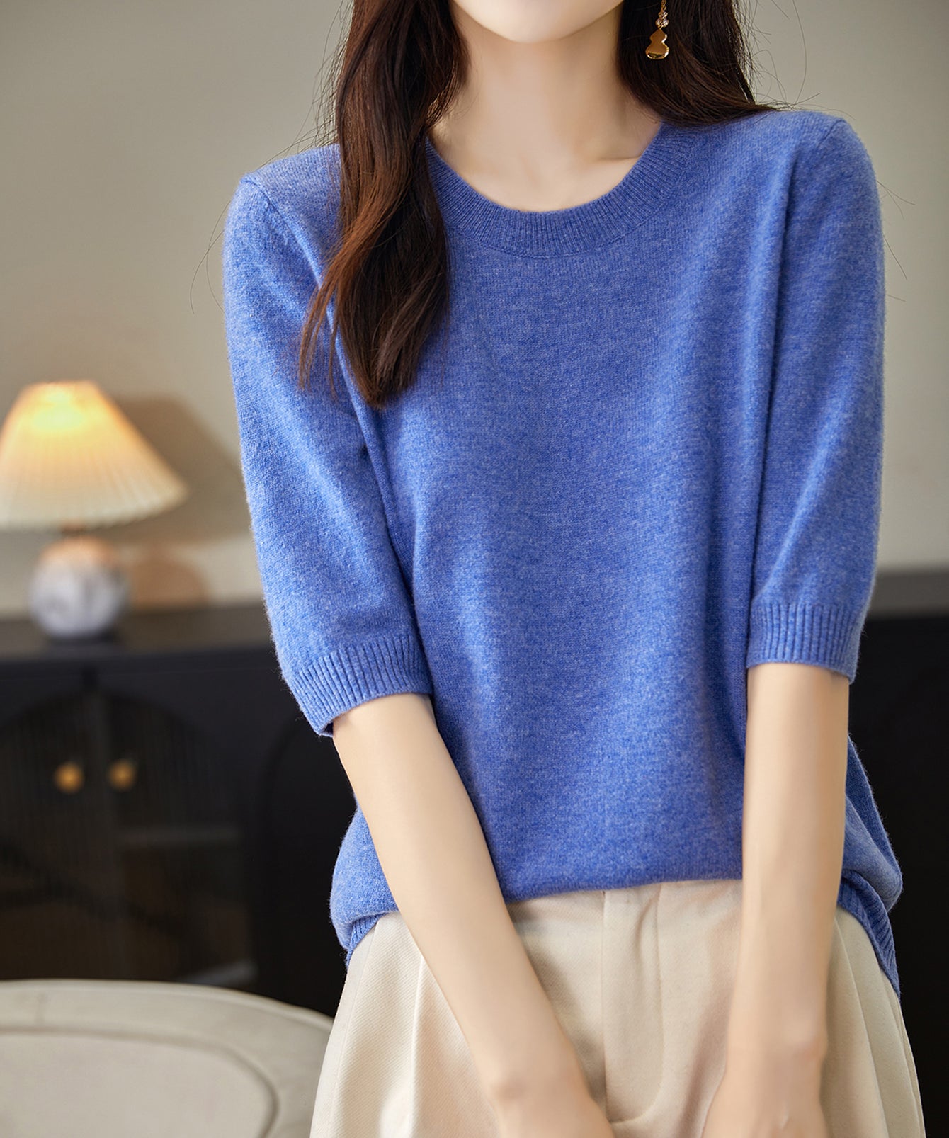 Chanyarn Women's 100% Merino Wool Sweater Crewneck Half Sleeve Tops Lightweight Spring Summer Sweater Knit Pullover