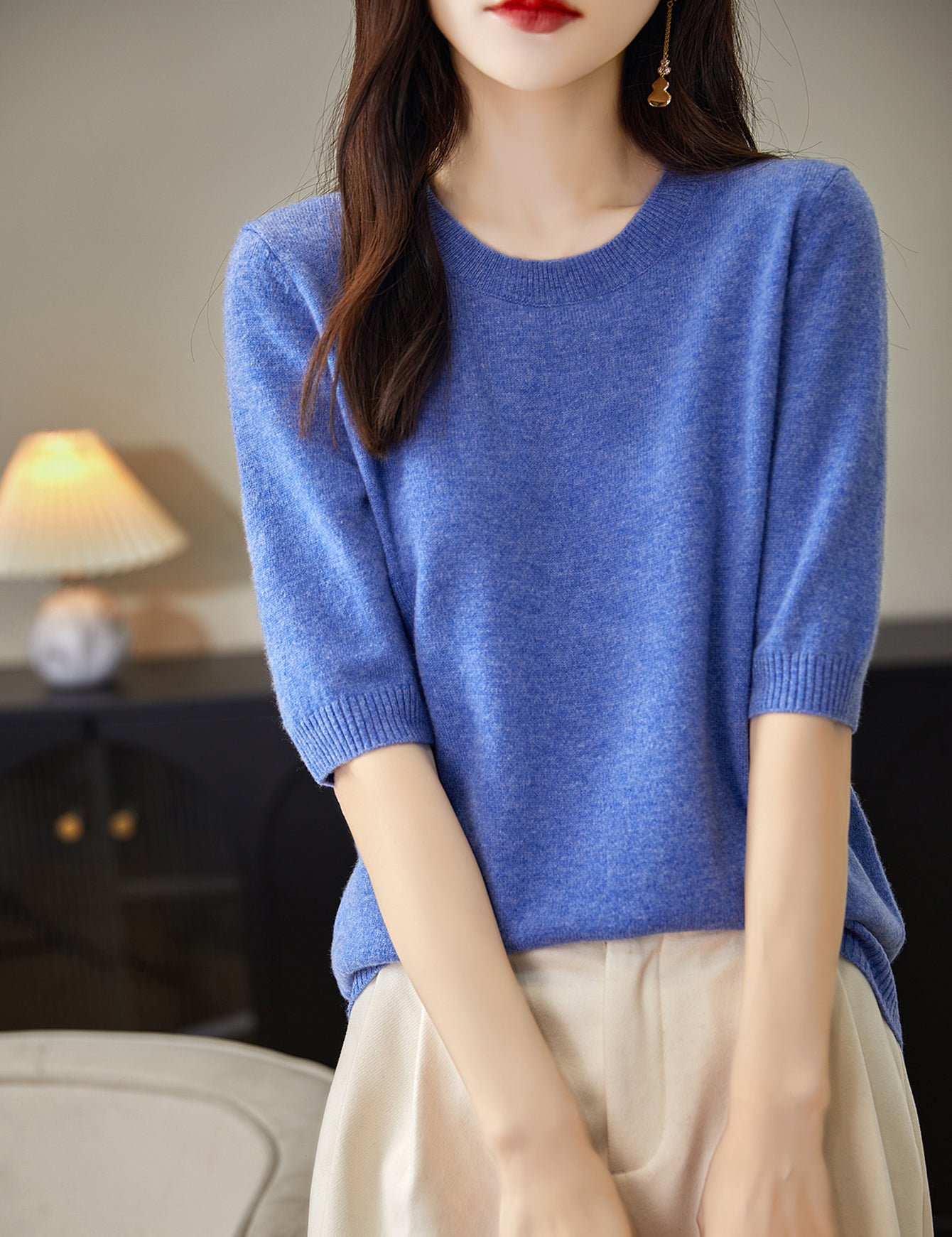 100% Merino Wool Crewneck Half Sleeve Sweater