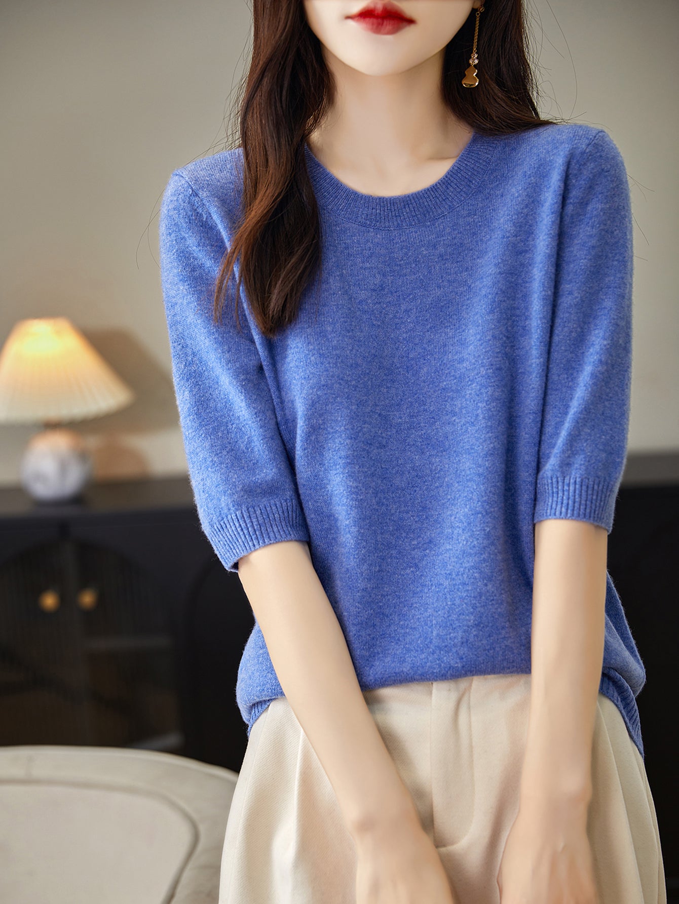 100% Merino Wool Crewneck Half Sleeve Sweater