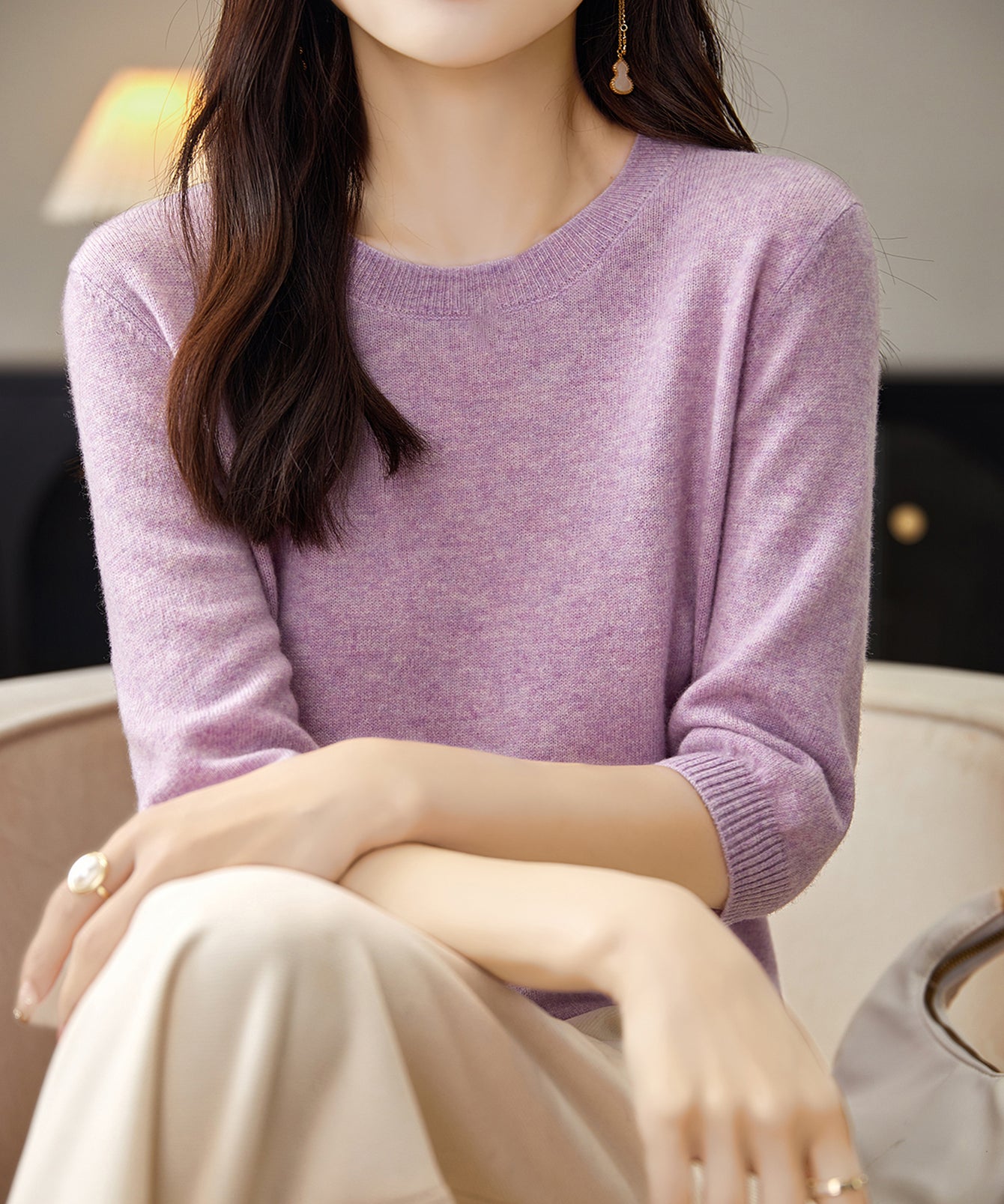 Chanyarn Women's 100% Merino Wool Sweater Crewneck Half Sleeve Tops Lightweight Spring Summer Sweater Knit Pullover