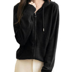 Women's black Merino wool zip hoodie, front view