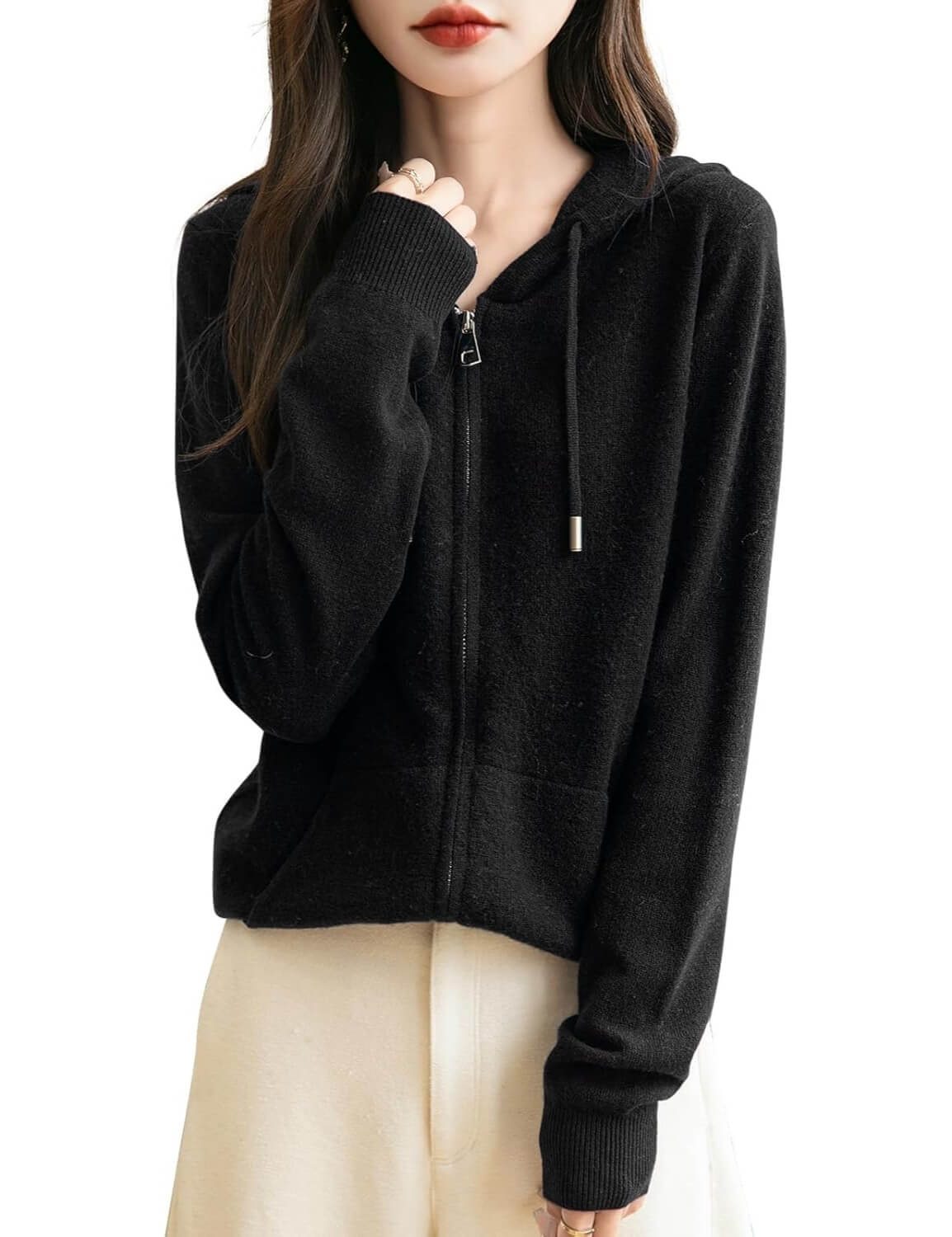 Women's black Merino wool zip hoodie, front view