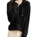 Women's black Merino wool zip hoodie, front view