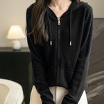 Women's black Merino wool zip cardigan, front view