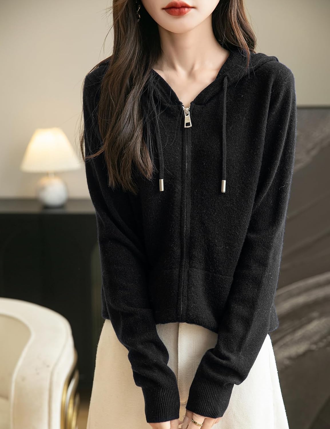 Women's black Merino wool zip cardigan, front view