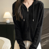 Women's black Merino wool zip cardigan, front view