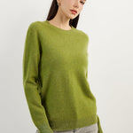 Women's grass green cashmere crew neck sweater, front angled view