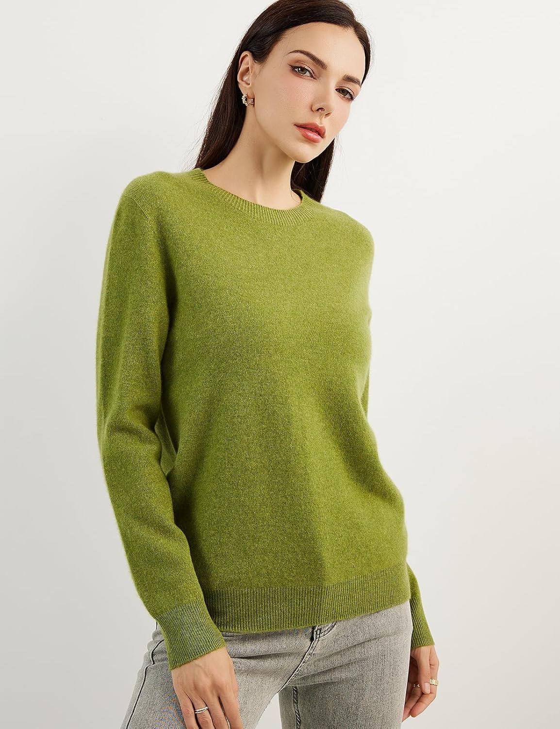 Women's grass green cashmere crew neck sweater, front angled view