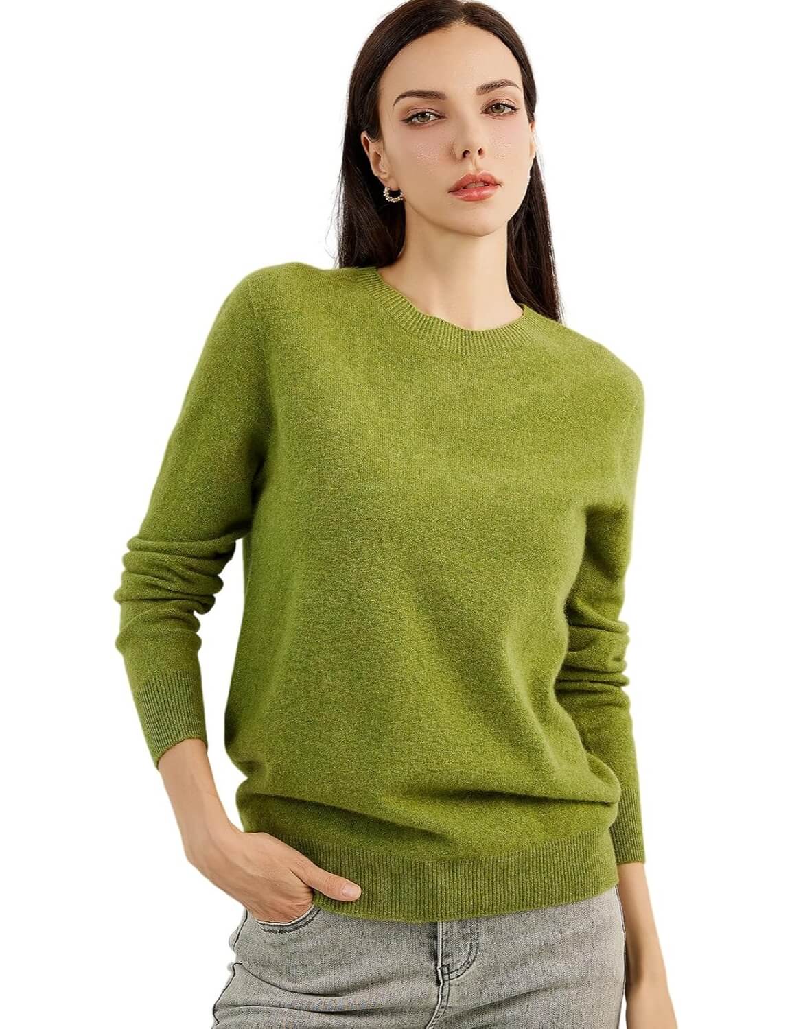 grass green cashmere crew neck sweater in a soft fine-knit finish