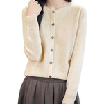 women's beige merino wool crewneck cardigan sweater front view