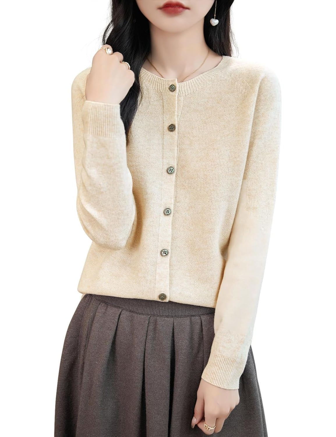 women's beige merino wool crewneck cardigan sweater front view