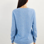 women's blue cashmere crew neck sweater back view