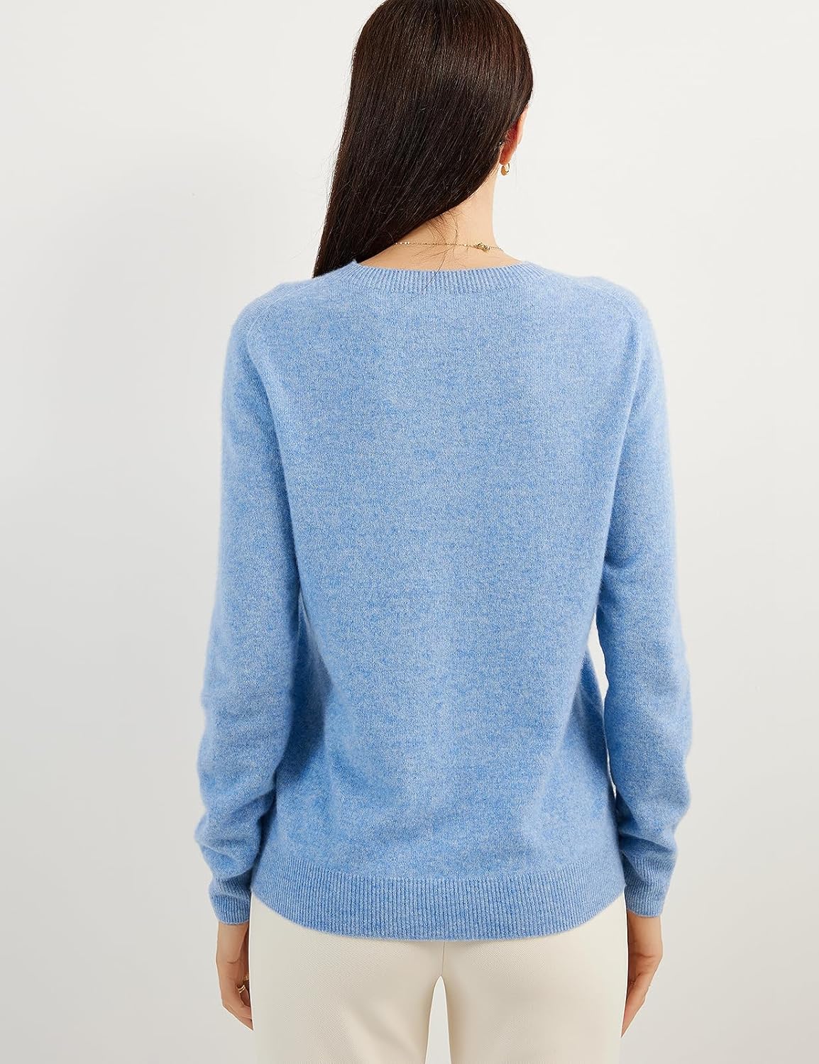women's blue cashmere crew neck sweater back view