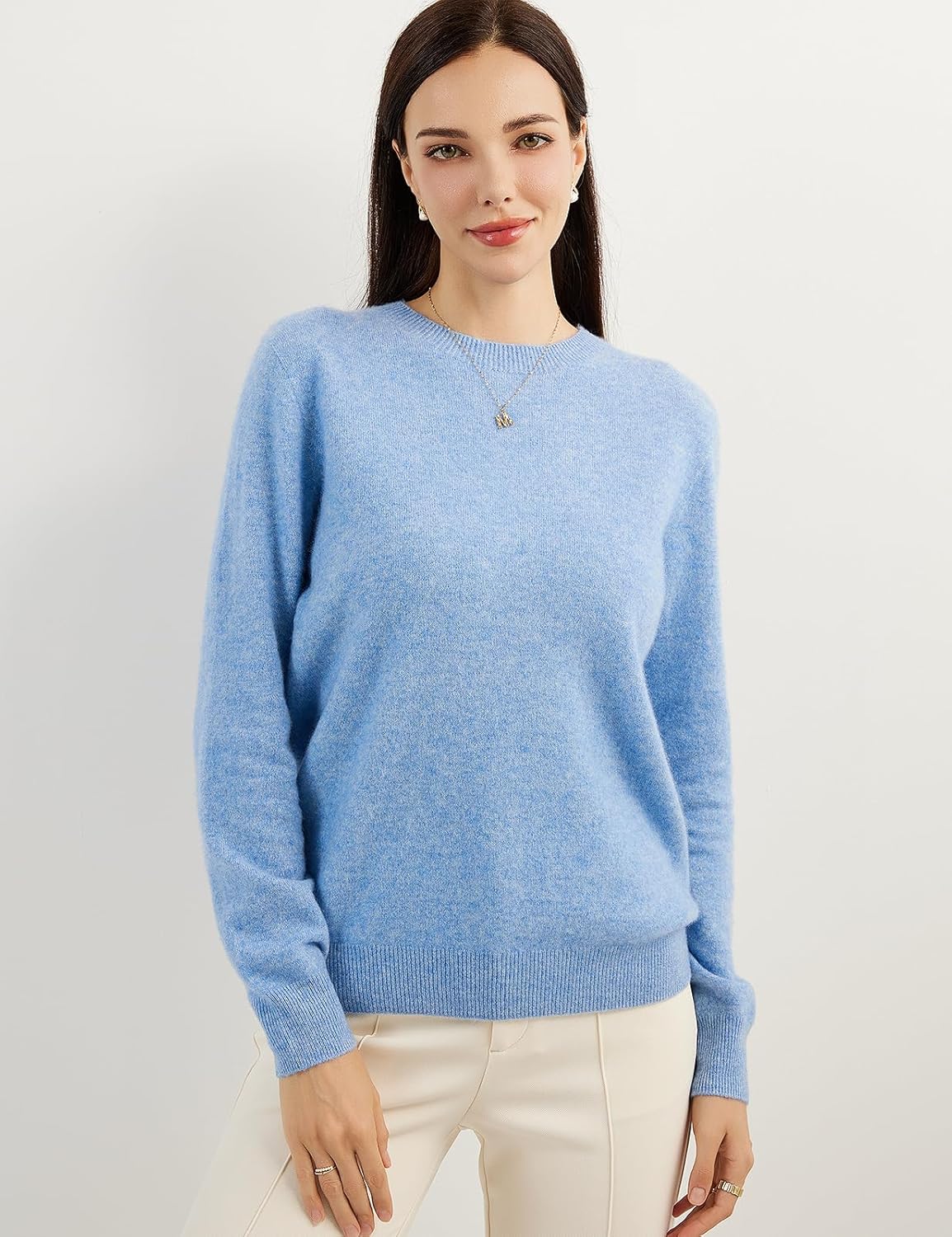 women's blue cashmere crew neck sweater front view
