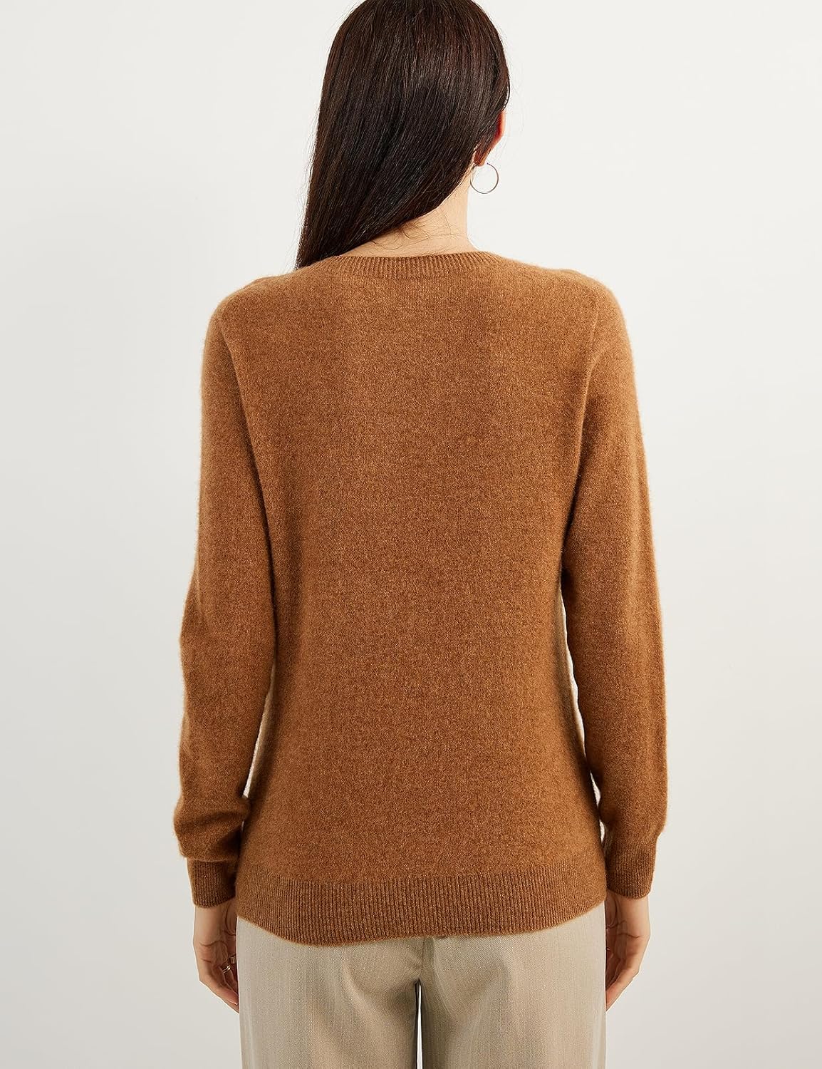 women's caramel cashmere crew neck sweater back view