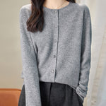 women's grey merino wool crewneck cardigan sweater front view