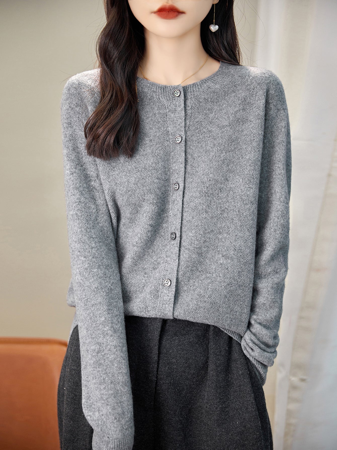 women's grey merino wool crewneck cardigan sweater front view