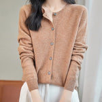 women's khaki merino wool crewneck cardigan sweater front view