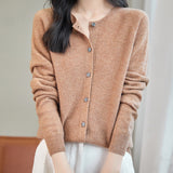 women's khaki merino wool crewneck cardigan sweater front view