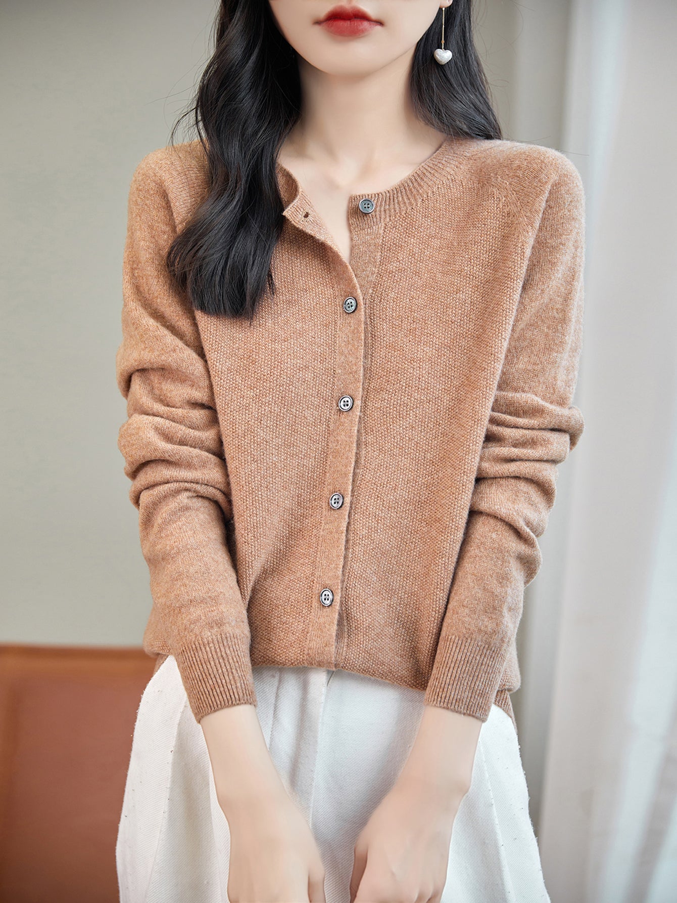 women's khaki merino wool crewneck cardigan sweater front view