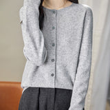 women's light grey merino wool crewneck cardigan sweater front view