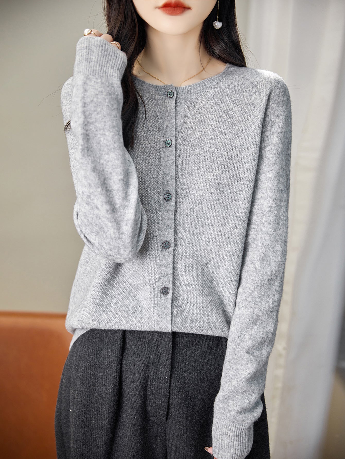 women's light grey merino wool crewneck cardigan sweater front view