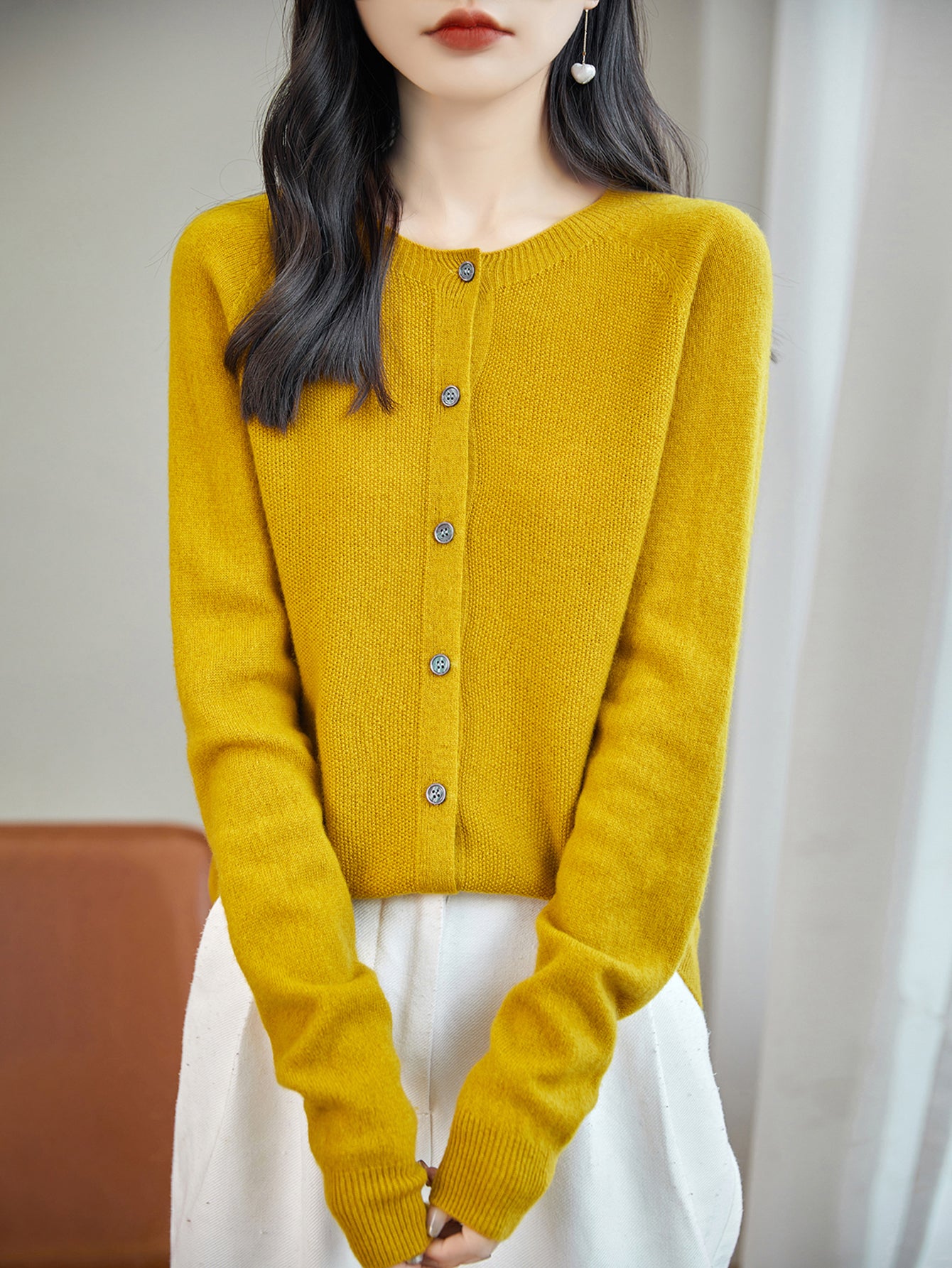 women's maple leaf merino wool crewneck cardigan sweater front view