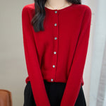 women's maroon merino wool crewneck cardigan sweater front view