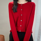 women's maroon merino wool crewneck cardigan sweater front view