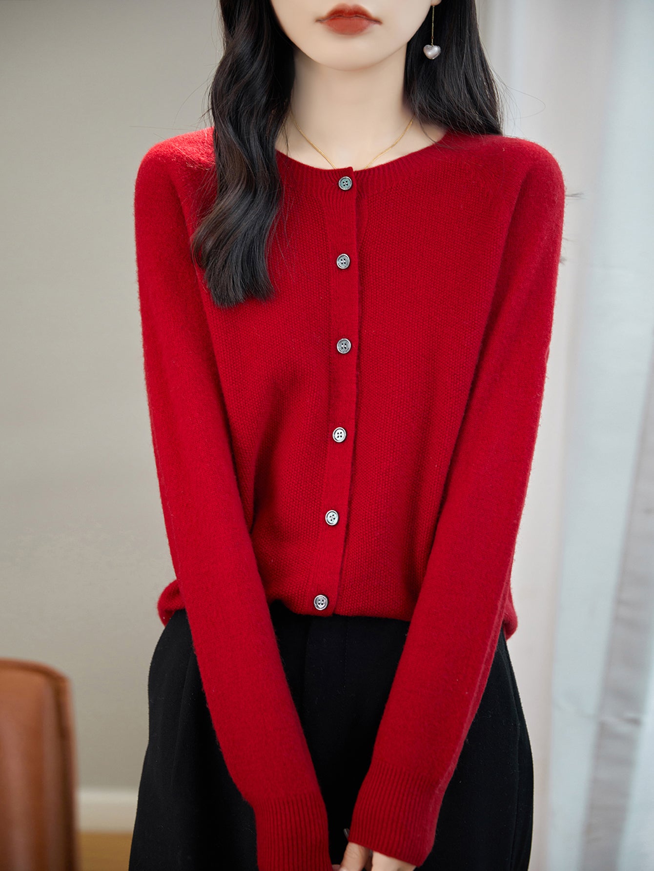 women's maroon merino wool crewneck cardigan sweater front view