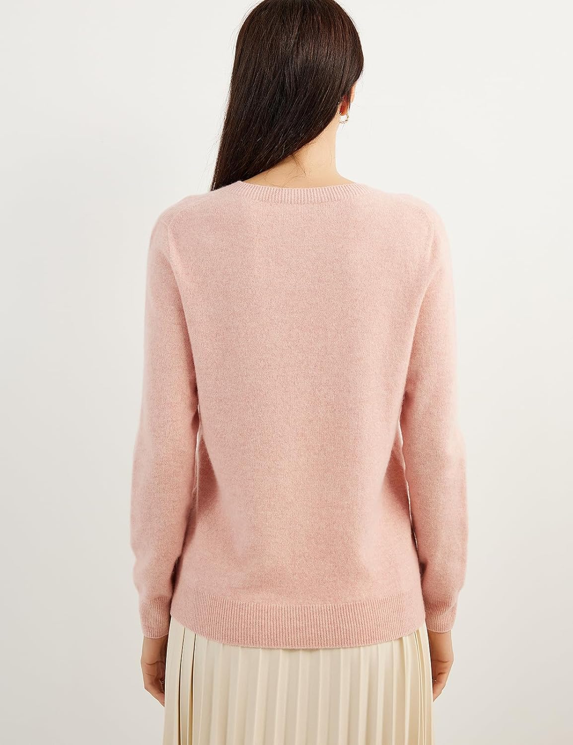 women's pink cashmere crew neck sweater back view