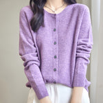 women's purple merino wool crewneck cardigan sweater front view