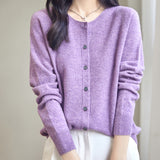 women's purple merino wool crewneck cardigan sweater front view