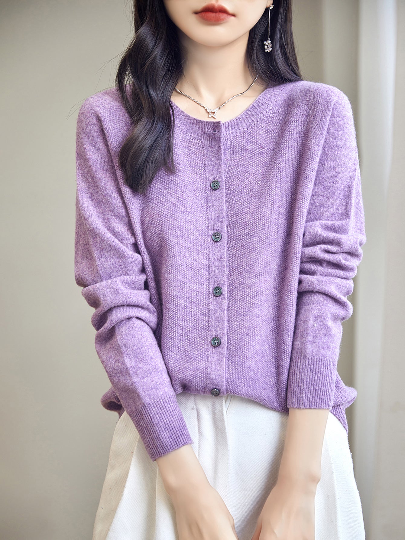 women's purple merino wool crewneck cardigan sweater front view