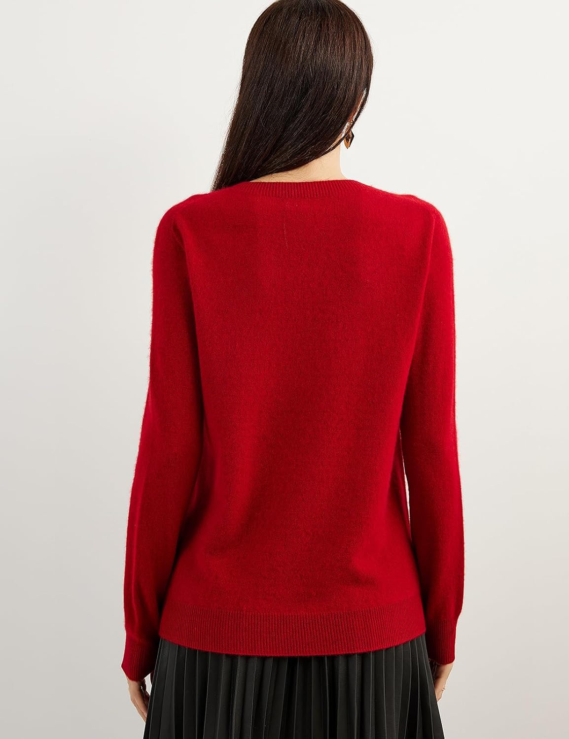 women's red cashmere crew neck sweater back view