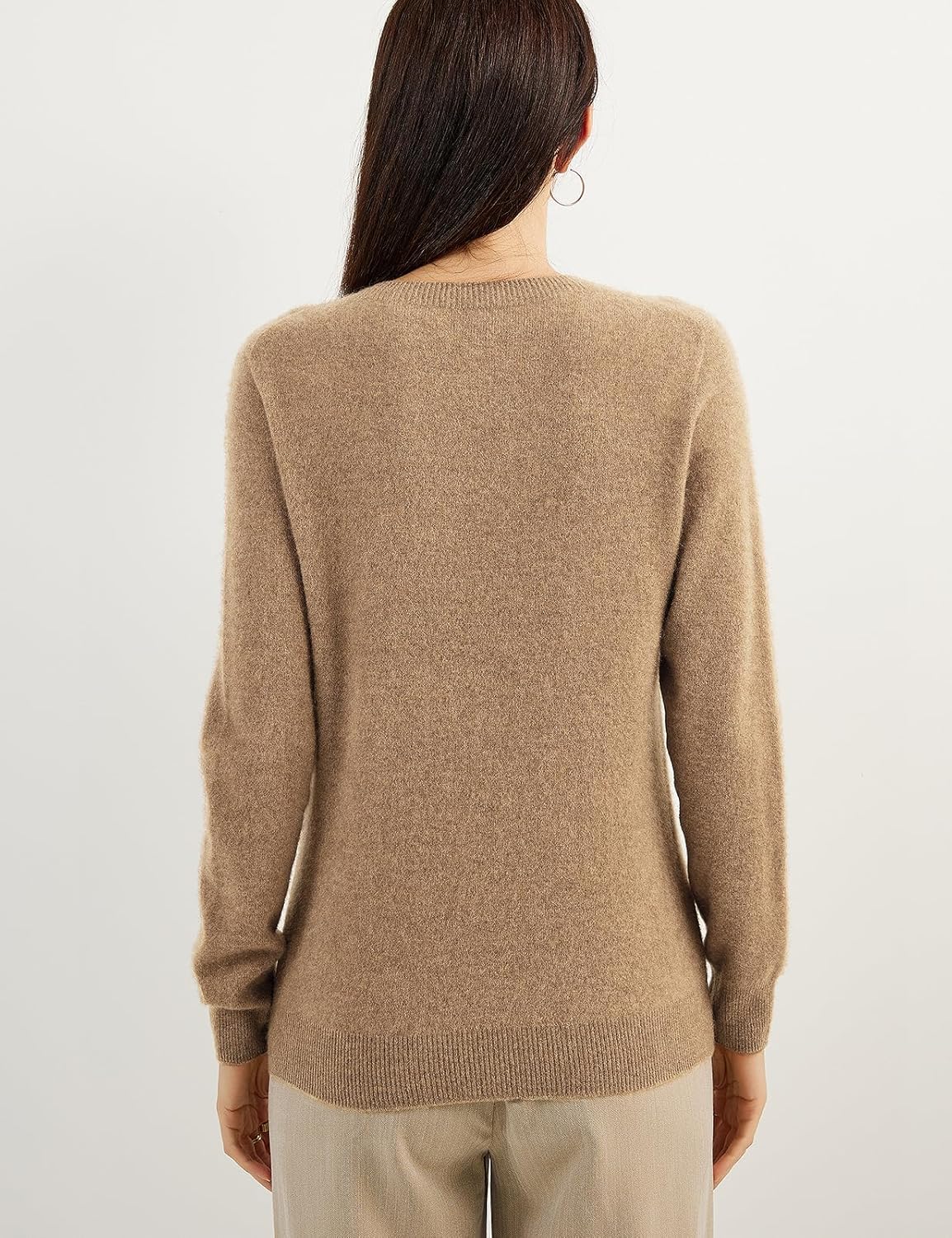 women's tan cashmere crew neck sweater back view
