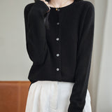 women's black merino wool crewneck cardigan sweater front