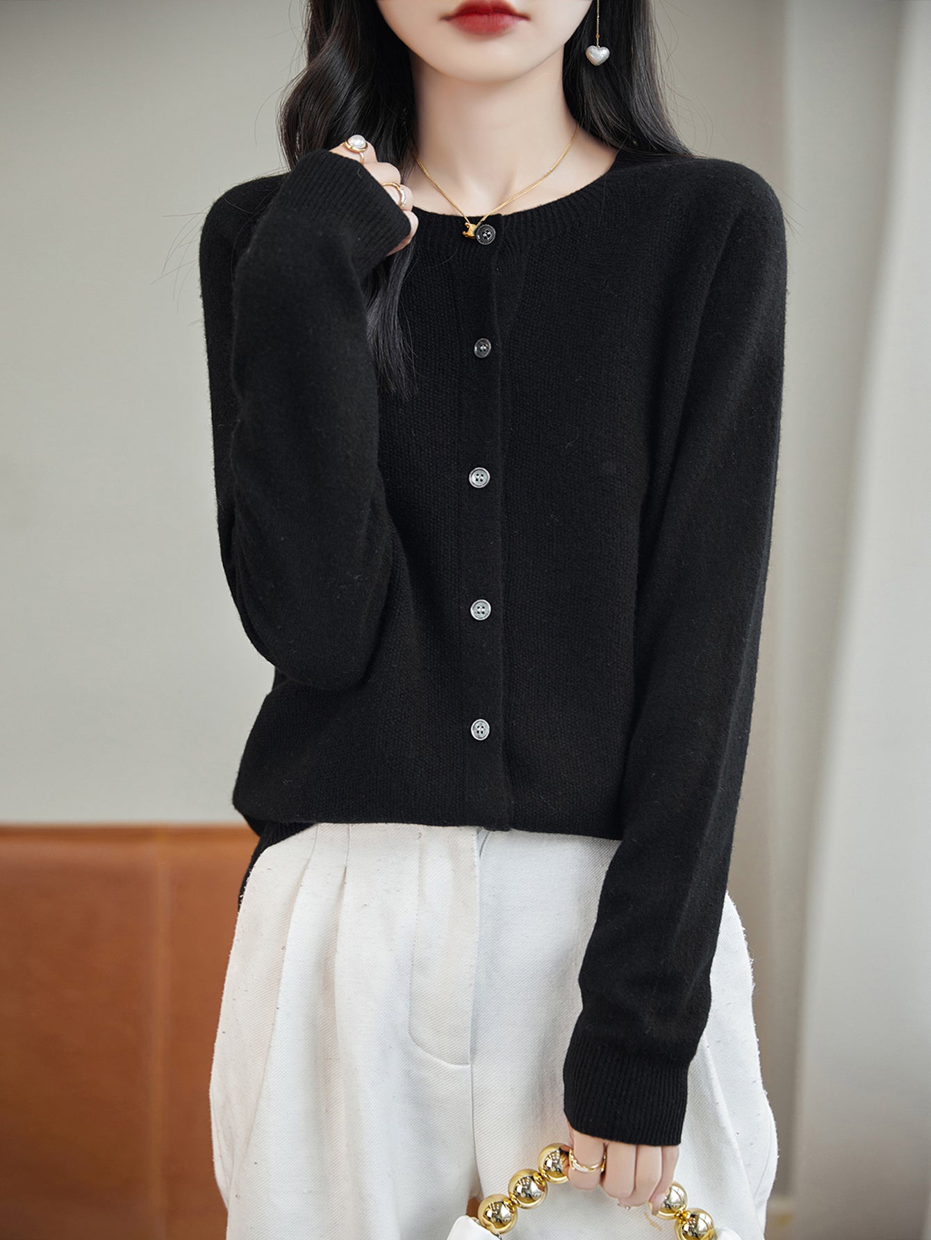 women's black merino wool crewneck cardigan sweater front