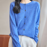womens blue merino wool crewneck cardigan sweater front view