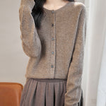 womens tan merino wool crewneck cardigan sweater front view