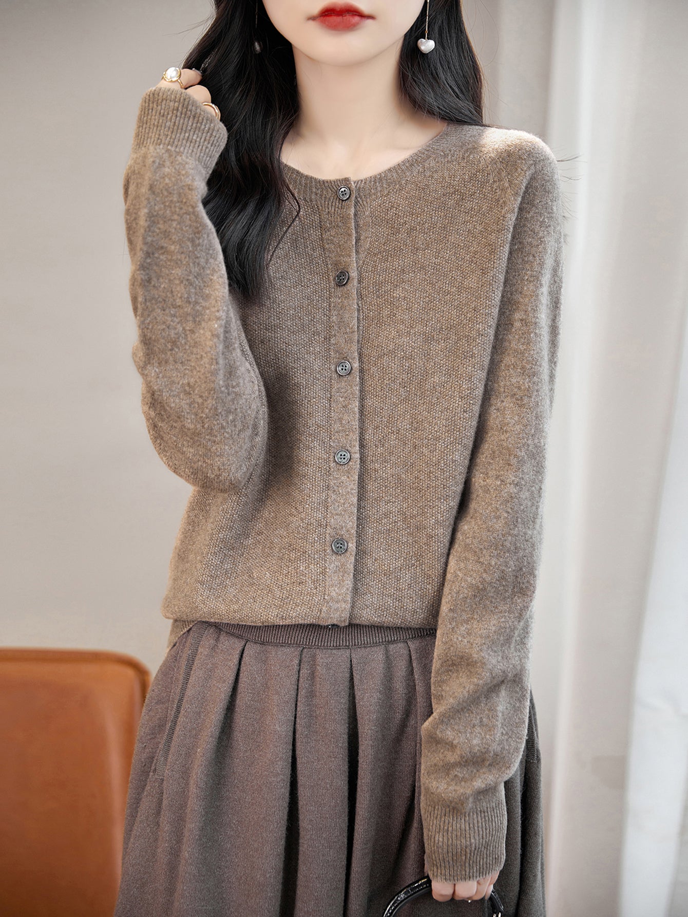 womens tan merino wool crewneck cardigan sweater front view